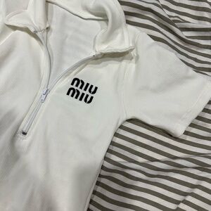 Miu Miu Cream Short Sleeve Zip-Up Top